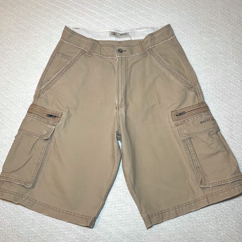 Vintage BKE 67 Mens Cargo Shorts Tan Khaki Y2K Baggy Cotton Canvas Size 32